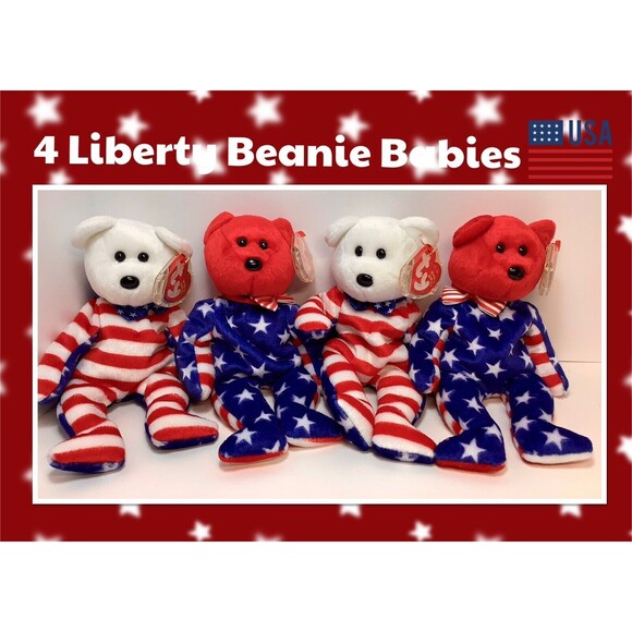 4 TY Beanie Baby - LIBERTY the Bear Red Head White‎ Head - Picture 1 of 2